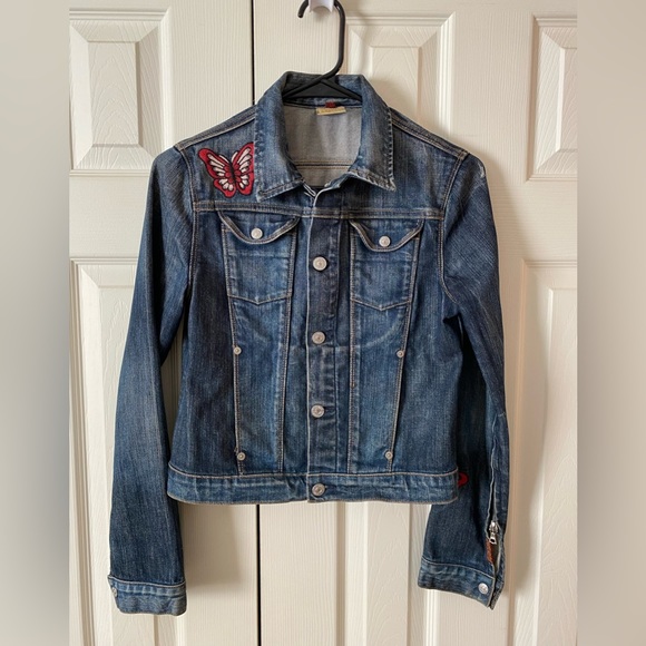 7 for all Mankind | Blue Denim Jacket Red Butterflies Sz XS - Picture 1 of 12